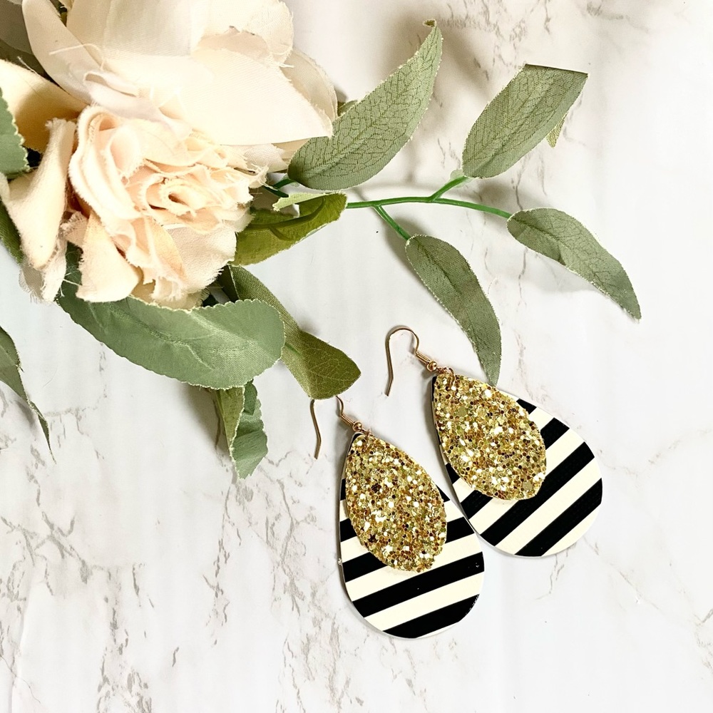 NWT Black & White Stripe Faux Leather Earrings